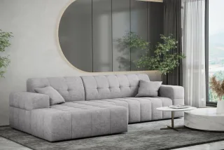 Ecksofa Designersofa NANCY in Stoff Perfekt Harmony Hellgrau Ottomane Links