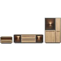 moebel-dich-auf Wohnwand NARDO, (Wildeiche / Absetzung: Anthrazit, 1-St., Verschiedene Board-Sets), Braunglas, Softclose, inkl. LED-Beleuchtung