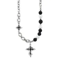 Bruno Banani Kette mit Anhänger Schmuck Geschenk Edelstahlkette mit Kreuz schwarz emalliert, mit Lavastein - mit Perle (imitiert)