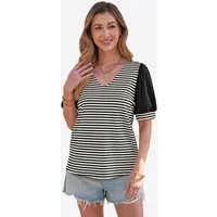 Imily Bela T-Shirt Damen Kurzarm Stricken mit Streifenmuster Puffärmeln und V-Ausschnitt (Packung, 1-tlg., 1per-Pack) gehäkelt