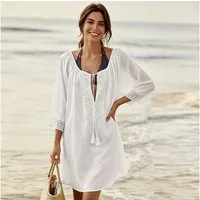 MOPUEA Strandkleid Strandtunika Damen Baumwolle Bikini Überwurf Mit Spitze Boho (Damen Strandtunika Bikini Überwurf Aus Baumwolle, Leichter Überwurf Mit Spitze Und Dekorativen Quasten) Atmungsaktiv Hautfreundlich Luftig Und Schnell Überziehbar