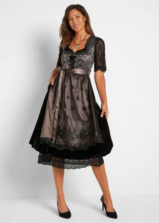 bonprix Dirndl mit Leomuster, schwarz, Gr.52, Dirndl mit Leomuster mit seitliche Eingriffstasche im Rockteil bietet eine tolle Möglichkeit Kleinigkeiten unterzubringen., aus Samt,Satin