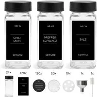 mixed24 Gewürzstreuer 24x Gewürzgläser Schwarze Deckel 120ml, (inkl. 240 Etiketten, 30x Streueinsätze, 24-tlg), 1x Edelstahl Trichter, 1x Reinigungsbürstchen