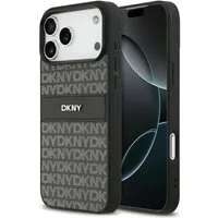 DKNY Handyhülle iPhone 17 Pro Max Kunstleder schwarz Logo Metall silber 6,9 Zoll, Kantenschutz