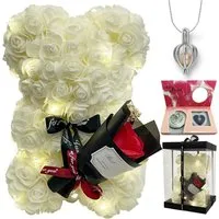 Kunstblumenstrauß Romantischer Rosen-Teddybär Geschenkset mit LED-Licht und einer Halskette aus echten Süßwasserperlen, Valentinstagsgeschenk für Ihre Freundin, Ehefrau, Mutter und andere Frauen, Vivitar, Rosenbär mit Perlen-Überraschungsbox (Blindbo