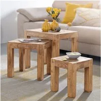 FINEBUY Satztisch FB40484 Wohnzimmertisch 3-teilig Akazie Massivholz Beistelltisch (Beistelltisch 3er Set Akazie Massivholz Modern), Sofatisch Couchtisch, Kleiner Wohnzimmertisch