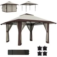 Outsunny Faltpavillon 4x4m, mit Netzwänden, UV 50+, Tragetasche, Sandsäcke, mit 4 Seitenteilen, (Wasserdicht Höhenverstellbar Pavillon, Faltbar Partyzelt), für Camping Garten Festival, Beige