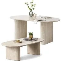 HOOZ Wohnzimmertisch Couchtisch & Esstisch oval Keramik Traventin-Optik 130x70cm/180x90cm (Set, 1× Esstisch, 1× Couchtisch), Keramik-Tischplatte, verschiedene Varianten, pflegeleicht & stabil