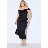 Ulla Popken Cocktailkleid Scuba-Maxikleid Carmenausschnitt Drapierung