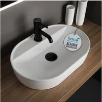 Alpenberger Aufsatzwaschbecken Bad Waschbecken Gäste WC Handwaschbecken Waschschüssel für Waschplätze (Gästewaschbecken Pflegeleicht, Waschbecken 60 cm Breit), Aufsatzwaschbecken mit Hahnloch mit Nano