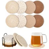 HEYHIPPO Becheruntersetzer Set geflochtene Baumwoll-Untersetzer mit Halter–rutschfest & saugfähig, Zubehör für Stellen Sie Getränke, Tassen und Gläser bereit, Set, Runde Glasuntersetzer 8er Set aus Baumwolle mit Halter –für Getränke