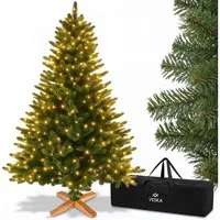VESKA Künstlicher Weihnachtsbaum Naturgetreu mit Holzständer, Tannenbaum 140cm / 180 cm, Nordmanntanne, dichte Zweige, mit Aufbewahrungstasche, LED Beleuchtung