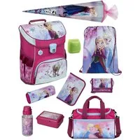 Scooli Schulranzen Campus Fit Frozen, Eiskönigin Rosa, Schultasche ab der 1. Klasse (Komplett-Set, 10-tlg., mit Lunch-Set, Sporttasche und Schultüte 85cm), mit Brustgurt, 980 Gramm leicht, 18L Volumen