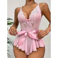 Elegant Love Kurzarmbody Sexy Damen-Tüllbody, Spitzen-Dessous, Lingerie mit überkreuztem Rücken (1-tlg) Teddy mit floraler Spitze & Schleife, verführerische Damen-Unterwäsche