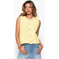 SASSYCLASSY Kurzweste Bouclé-Weste mit aufgesetzten Taschen für Damen Weiche Weste mit goldfarbenen Knöpfen Greige Rosa Schwarz Braun