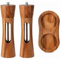 JASLIFE Salz-/Pfeffermühle Salz-/Pfeffermühlen Set mit Holzständer 2 Stück Keramikmahlwerk, (1 Stück), Keramikmahlwerk, einstellbarer Mahlgrad, Holzgehäuse