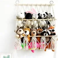 GarveeMore Hängekorb Boho Makramee Hängematte 2-lagig Wandnetz für Kuscheltiere, Platzsparender Organizer für Kinderzimmer, Spielzimmer, Schlafzimmer
