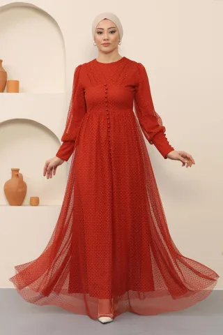 Knopf Detailed Tüll Abendkleid Ziegelrot