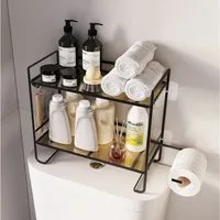 GarveeMore Badregal Neu Über der Toilette Lagerung Regal, 2-Tier Bad Lagerung Organizer, Mit Papierhalter und 2 Haken platzsparendes Metallregal zur Aufbewahru