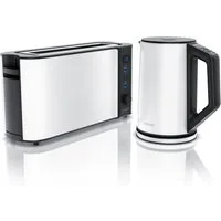 Arendo Frühstücks-Set Wasserkocher 1,5l & 2-Scheiben Langschlitz Toaster, Edelstahl, Weiß (2-tlg), Wasserkocher mit Temperaturwahl, Toaster mit Brötchenaufsatz