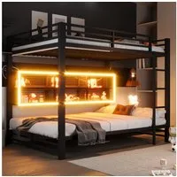Merax Etagenbett 140x200cm mit LED-Beleuchtung (204 x 146 x 160 cm, 1-St., Jugendbett Stockbett Doppelbett), Metallbett Kinderbett mit 6 Stauraumschränken, Leiter, Zaun & Stauraum