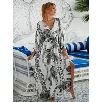 MOPUEA Strandkleid Damen Strandkaftan Boho Strandkleid Sommer Oversize Bikini Cover Up (Strandkaftan Damen Sommerkleid Bikini Cover Up, Luftiger Kaftan mit V Ausschnitt und Boho Print) Leicht Atmungsaktiv Oversize Seitenschlitze Boho Stil