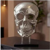 FINEBUY Dekofigur FB77842 Deko Totenkopf 57cm Aluminium Silber Schädel Dekoration Skull (Stabiler schwarzer Sockel für festen Stand), Komplett montiertes und fertiges Accessoire