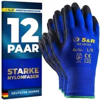 S&R Arbeitshandschuhe 12 Paar aus Nylonfaser mit Polyurethanbeschichtung (Set, 24-St., 12 Paar L / 9) geeignet für den privaten und gewerblichen Gebrauch