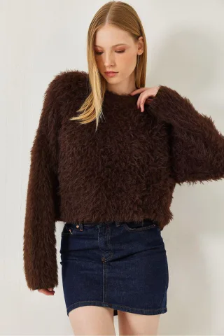 Strukturiertes Rundhals-Crop-Sweatshirt mit Plüsch-Details