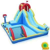 LALAHO Hüpfburg Springburg mit Gebläse,Wasserrutsche, Wasserpark mit Trampolin, 400x305x225cm mit Rutsche,Basketballkorb,für Innen & Außen, 3-8 Jahre