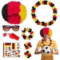AFKSMILE Business-Kostüm Deutschland Fanartikel,9-tlg Fanpaket EM Fußball,WM 2026 FanartikelSet, EM Deko D-eutschland Set Perücke Brille Girlanden Aufkleber und Pfeife