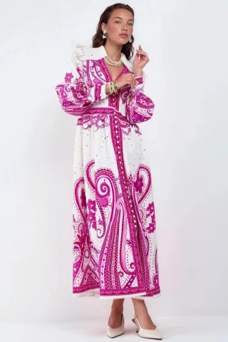 V-Ausschnitt Paisley Maxi-Kleid mit Schlitz