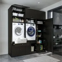 Roomart Waschmaschinenumbauschrank Schrankwand 254 cm, 230 cm hoch, Hochschrank, Waschküche, 3 Farben (Waschmaschinenschrank Trocknerschrank mit Schrankaufsätzen) Seitlicher Hochschrank, Wandbefestigung, 130kg Belastbarkeit
