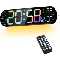 Luckice Wanduhr Digital-Wanduhr mit Fernbedienung, Timer & RGB-Nachtlicht (Automatische Helligkeitsanpassung, Dual-Alarm, moderne Wanduhr)