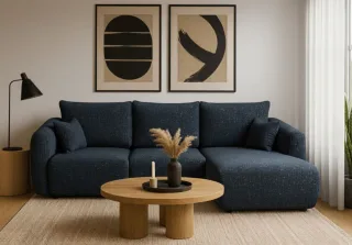 Ecksofa mit Schlaffunktion RUDEN Sofa in Stoff Bello Dunkelblau Ottomane Rechts