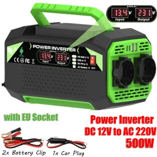 500W Inverter DC 12V to AC 220V with EU Socket Dual LCD Display Fast Charging for Outdoor Camping Car Home UsePortable