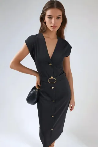 Gürtel-Midi-Kleid mit V-Ausschnitt