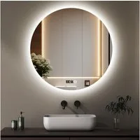 WDWRITTI Badspiegel Led Rund Rundspiegel 60 cm mit beleuchtung und Uhr 3Lichtfarben Memory (Wandspiegel, Helligkeit dimmbar), Touch,Wandschalter auswählbar, Energiesparend, IP44