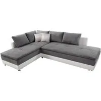 luma-home Ecksofa 15104, Dauerschläfer-Doppelbett B306/T223/H95 cm, Bettkasten, Regal, Boxspring, Federkern, Wellenunterfederung, Topper, Schwenkteil rechts, Mikrofaser Hellgrau/Kunstleder Weiß