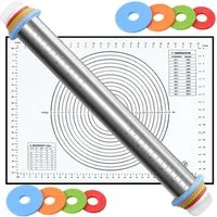 SURFOU Nudelholz Edelstahl Einstellbares 1 Teigroller 1 Silikon Backmatte, für Pizza Kekse Pfannkuchen Pasta Backen Utensilie