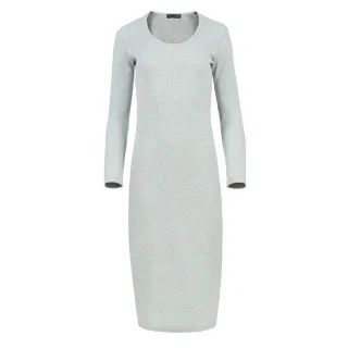 Langärmliges Midikleid mit Rundhalsausschnitt aus gerippter Baumwoll-Elastan-Mischung in Grau Melange