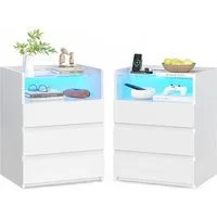 MSMASK Nachttisch mit LED-Beleuchtung und Steckdosen, 3 Schubladen, 45x35x61cm (2-St), Nachtschrank mit Sichtbarer Glastischplatte