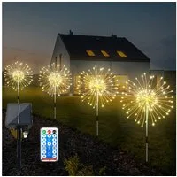 MUPOO LED Solarleuchte 4 Pack LED Dekolicht, 120 LED Feuerwerk, Dimmbarer Timer, 8 modi, Warmweiß, Fernbedienung, 8 Modi, für Garten,Hof,Warmweiß/Multicolor,DIY Feuerwerksleuchten