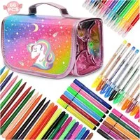 Tozkizm Malstift Einhorn Marker Set 66-teilig Kinder Malset Federmäppchen Duftmarkern, (Einhorn Marker Malset 66-teilig mit Duftmarkern Glitzerstiften und Kreiden, 66-tlg., Komplettes Kinder Malset mit Stiften, Kreiden und Mäppchen), 66-teiliges Einh