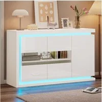 Merax Sideboard hochglanz Weiß Buffetschrank mit LED- Beleuchtung (1 St), Kommode Anrichte mit 3 Türen & verstellbaren Einlegeböden, 140x40x84cm