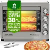 TurboTronic by Z-Line Minibackofen 38 L mit Grill, Umluft, Drehspieß & Timer XL-Tischbackofen Edelstahl, für Pizza, Aufläufe, Braten Kompakter Mini-Backofen Doppelglastür