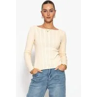 SASSYCLASSY Langarmshirt Pointelle Langarmshirt für Damen Feminines Top mit Lochmuster, gewelltem Saum und U-Boot Ausschnitt