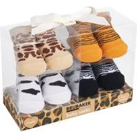 BRUBAKER Socken Babysocken für Jungen und Mädchen 0-12 Monate (4-Paar, Baumwollsocken mit Safarimustern) Baby Geschenkset für Neugeborene in Geschenkverpackung mit Schleife