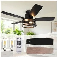 Jibenhome Deckenventilator Leise Deckenlampe Ventilator mit Fernbedienung, 112/132CM, 6 stufiger & 1/2/4H Timer,warmweiß,mit Fernbedienung & 2 Glühbirnen