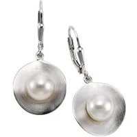 Zeeme Paar Ohrhänger Silber 925 rhodiniert mattiert mit 2x Perle weiß 7-8mm